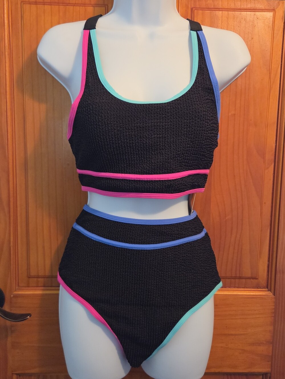 Black Pink Blue Teal color trim Crinkle Large Bikini Tankini Set Small NWT